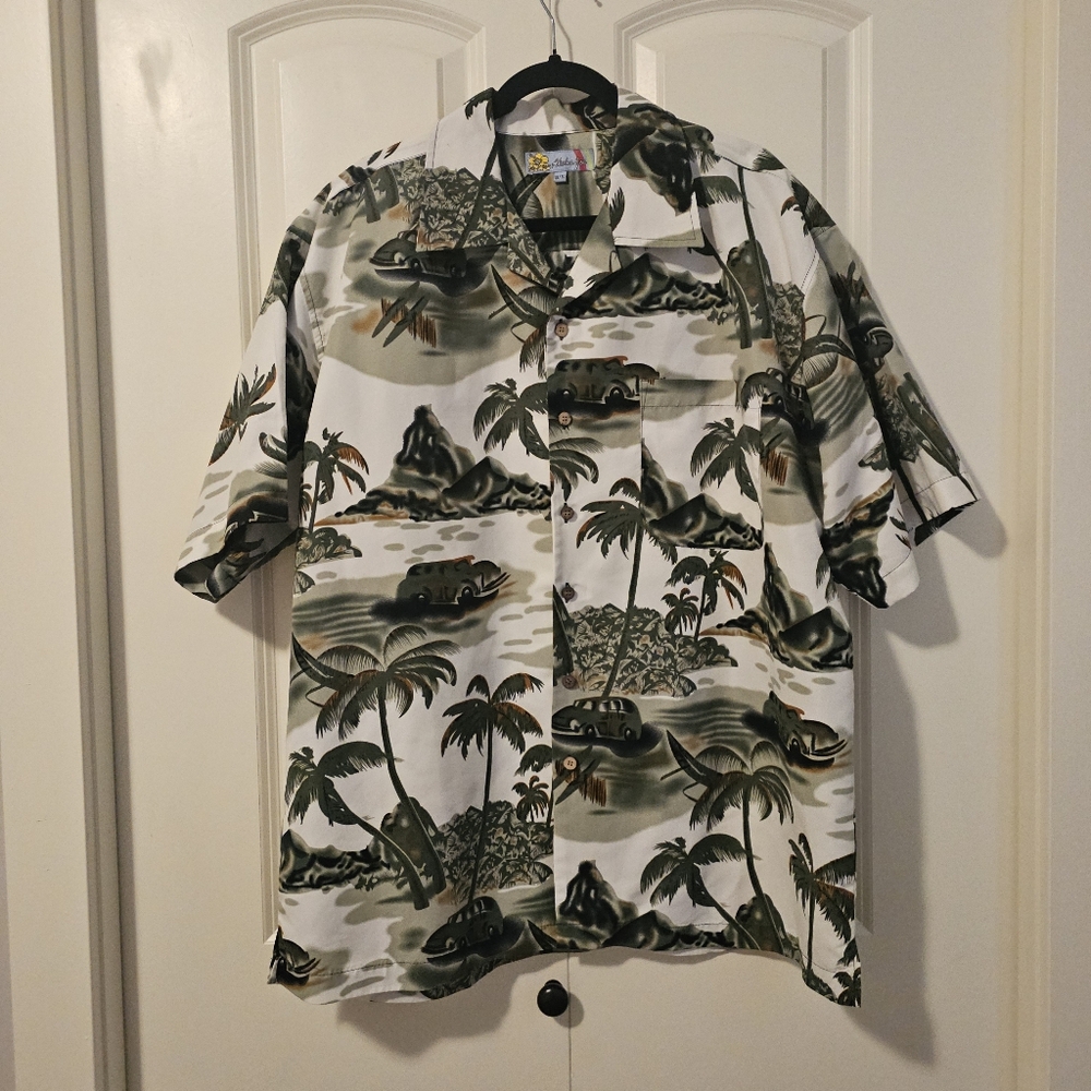 Aloha Joe Hawaiian Tropical Print Button-Up Short Sleeve Shirt Green White Sz XL